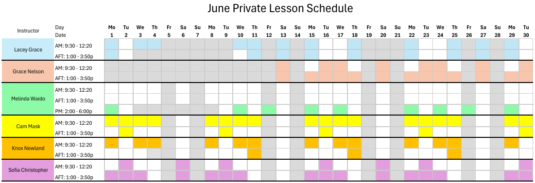June Private Lesson Calendar