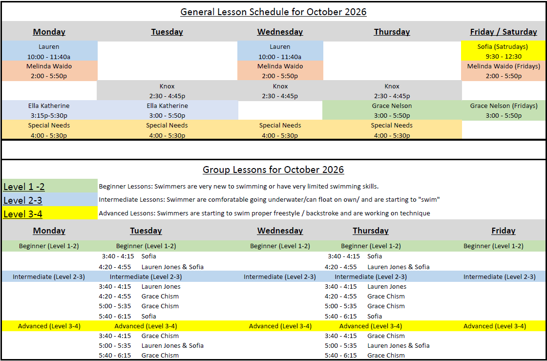 October Lesson Schedule